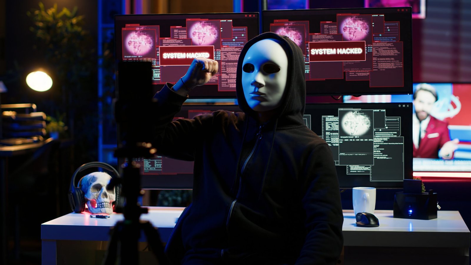 Dissident social justice crusader doing online activism, wearing anonymous masks and filming video in underground bunker, blackmailing government after stealing secret military documents, camera A